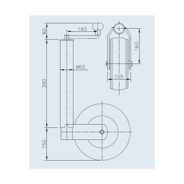 Vue complète de la roue jockey renforcée – Dimensions