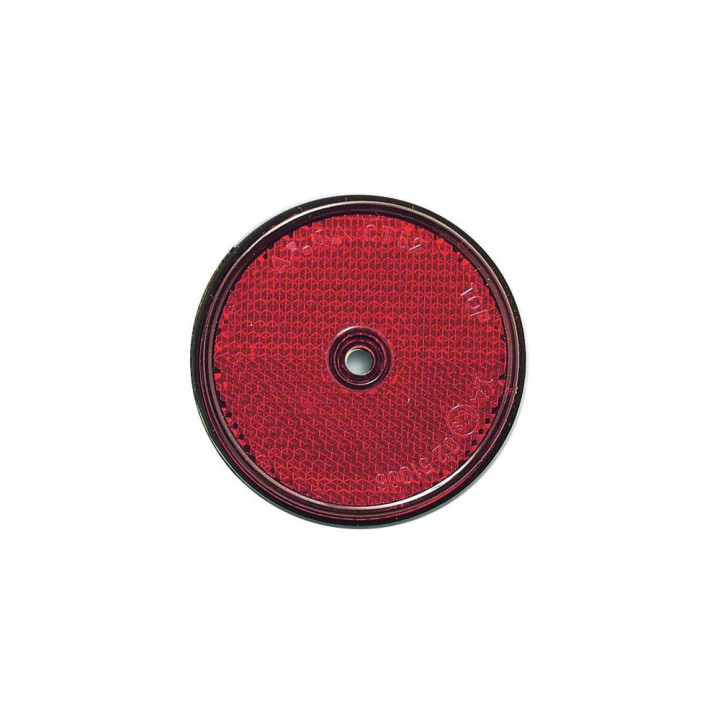 Catadioptre rouge rond 86 mm avec trou central pour remorques et véhicules.