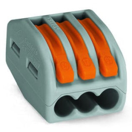 Connecteur WAGO 3 voies - Vue complète avec levier orange.