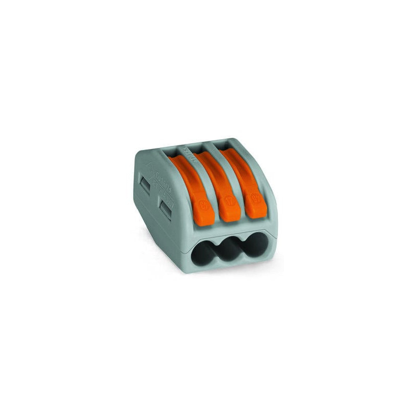 Connecteur WAGO 3 voies - Vue complète avec levier orange. Connecteur WAGO 3 voies - Vue complète avec levier orange.