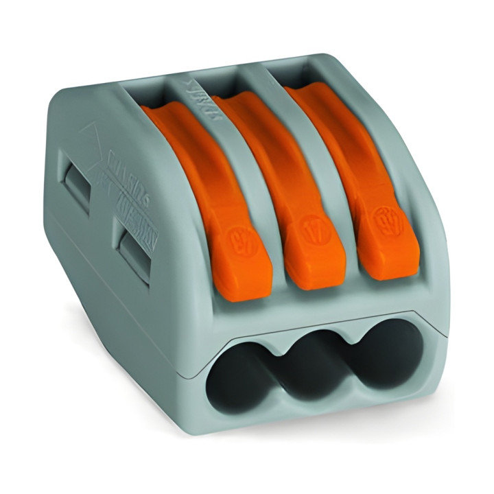 Connecteur WAGO 3 voies - Vue complète avec levier orange.