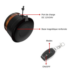 GYROPHARE LED MAGNETIQUE SANS FIL + TELECOMMANDE