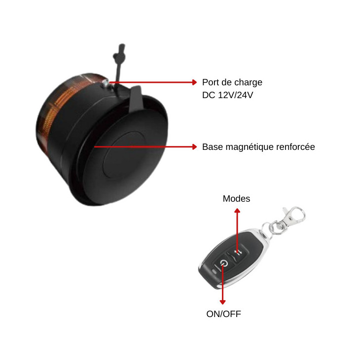 GYROPHARE LED MAGNETIQUE SANS FIL + TELECOMMANDE