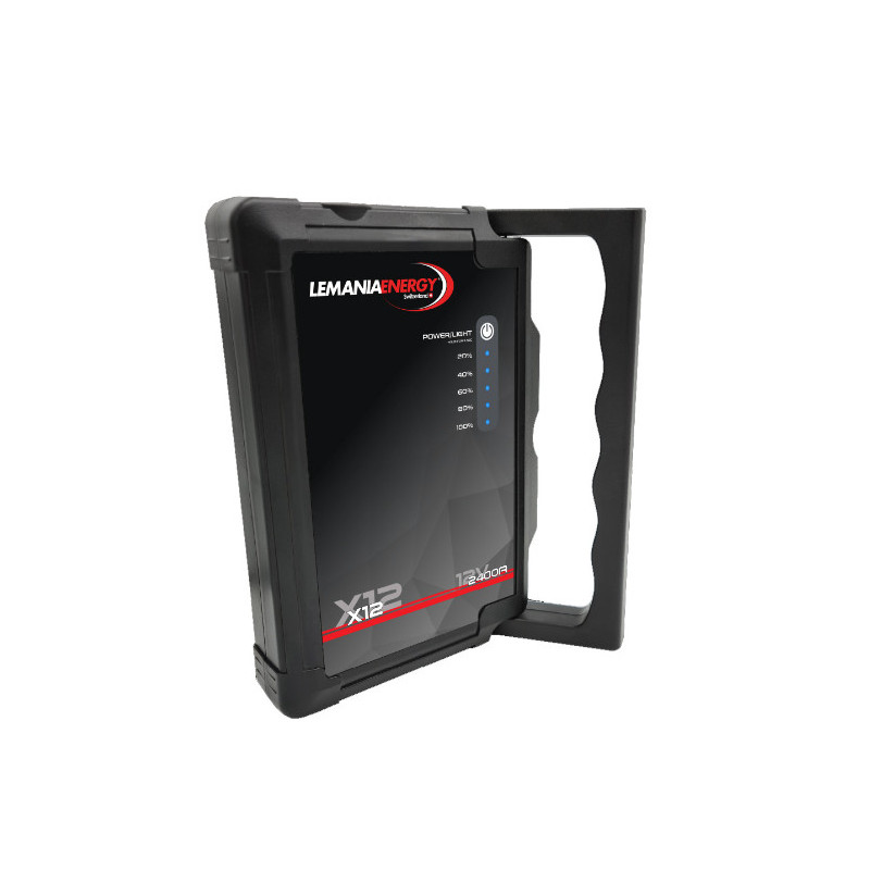 Booster lithium compact 12V avec sa poignée rétractable.