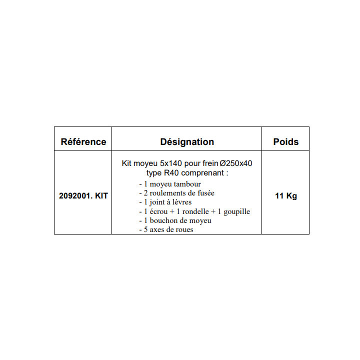 KIT MOYEU 5x140 POUR FREIN Ø250x40 TYPE R40 - Marquage et référence Paillard : 2092001.KIT.