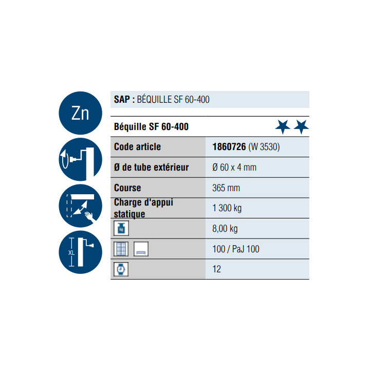 Béquille Attelage 40 cm - 1300KG - Manivelle - Béquilles et Vérins