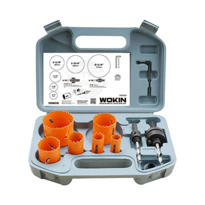 Set de scies-cloches bimétalliques 9 pièces – Outils robustes et précis avec forets HSS, adaptateur et valisette de rangement.